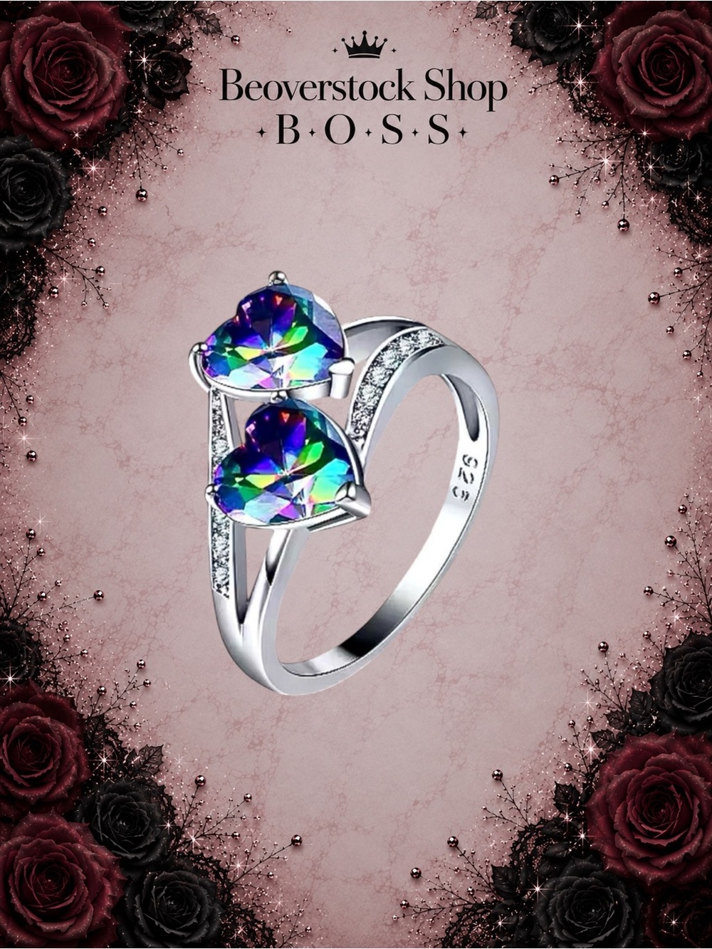 New Mystic Rainbow .925 Sterling Silver Dual Heart Cut Ring CZ Stones